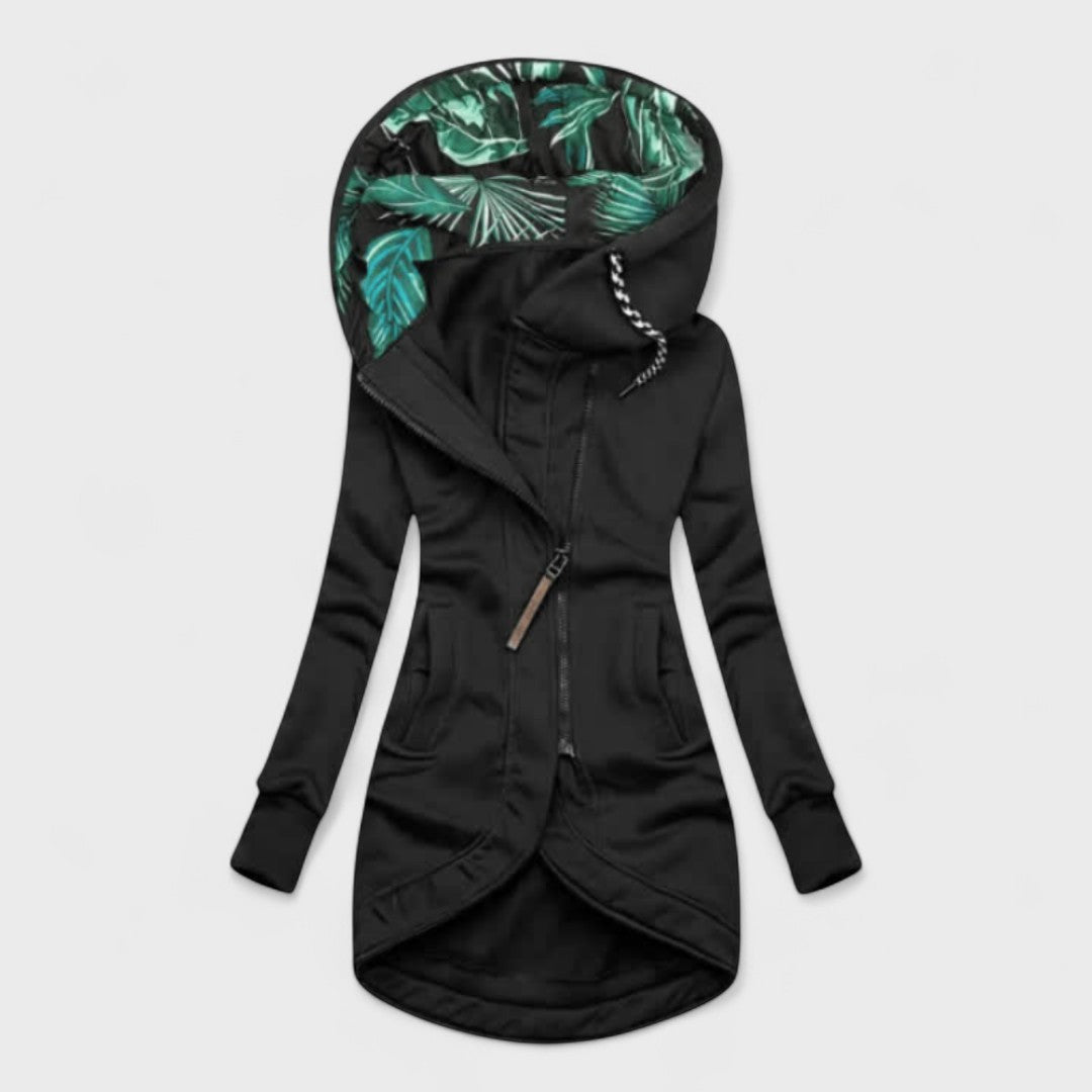 Lucia | Giacca Lunga con Cappuccio e Zip Asimmetrica