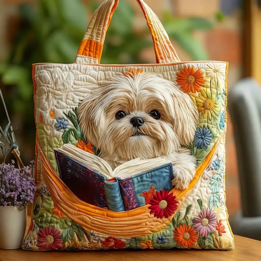 Borsa artigianale - Shih Tzu con libri e fiori