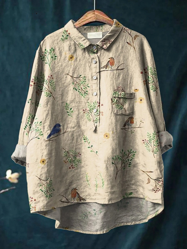 Rachele | Camicia Casual da Donna con Stampa di Rami e Pettirossi