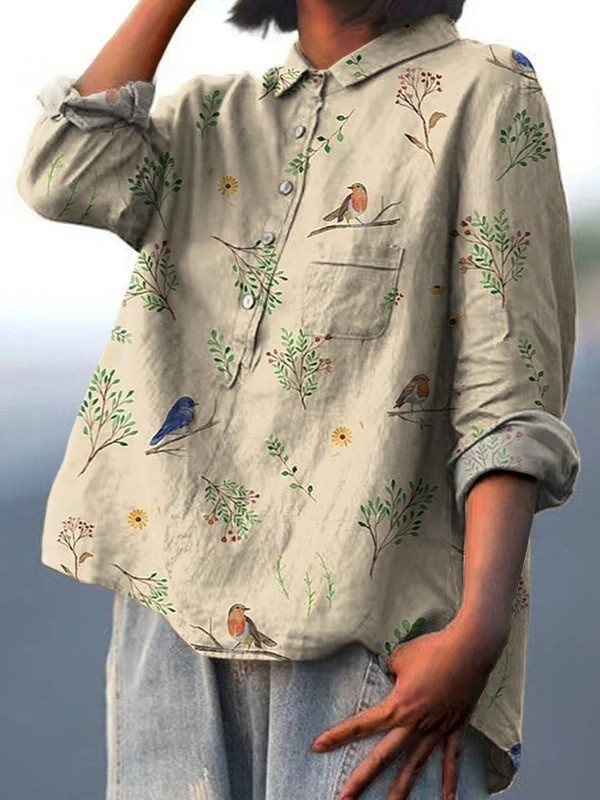 Rachele | Camicia Casual da Donna con Stampa di Rami e Pettirossi