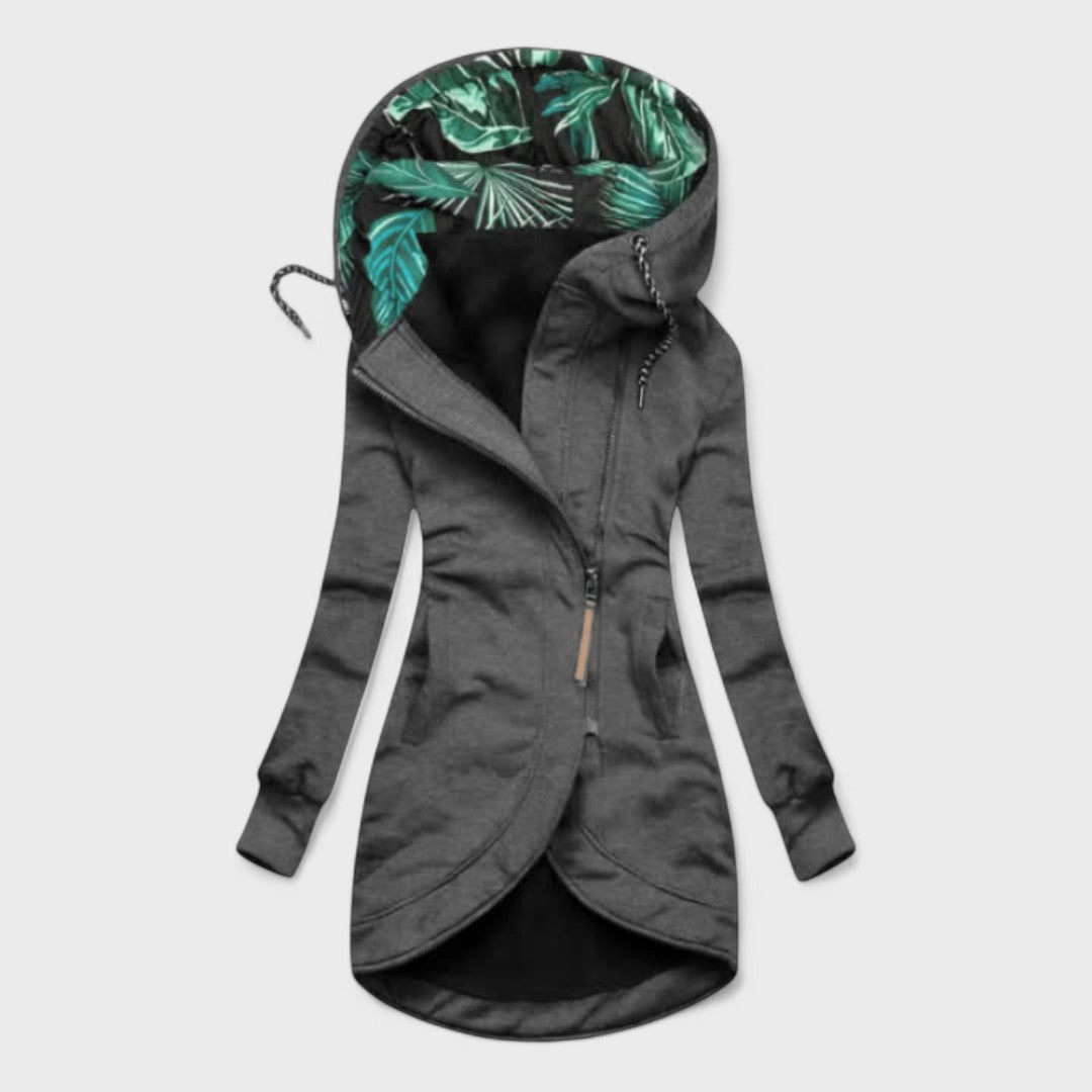 Lucia | Giacca Lunga con Cappuccio e Zip Asimmetrica