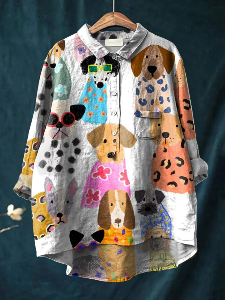 Irene | Camicia casual con stampa di cane a cartoni animati colorati