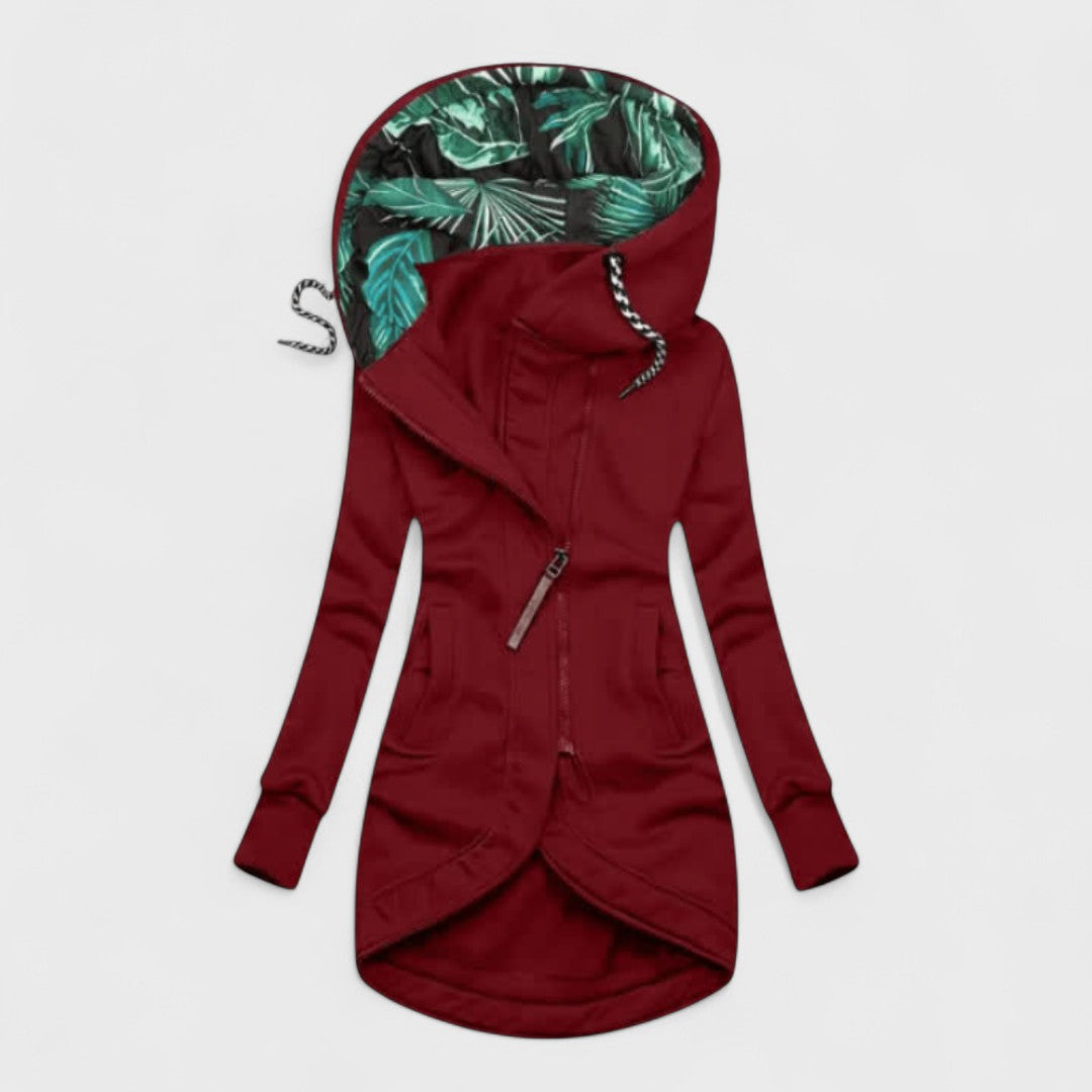 Lucia | Giacca Lunga con Cappuccio e Zip Asimmetrica