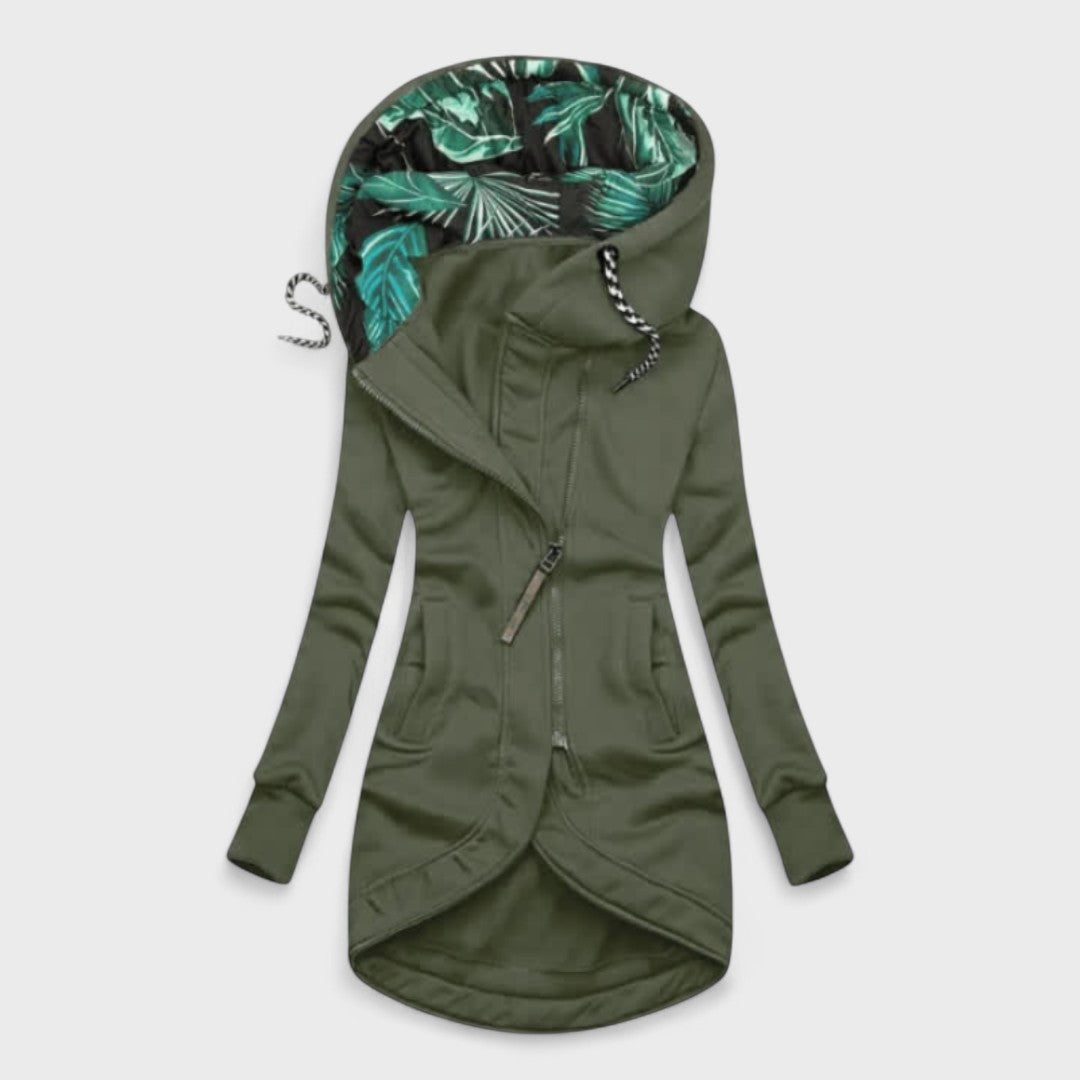 Lucia | Giacca Lunga con Cappuccio e Zip Asimmetrica