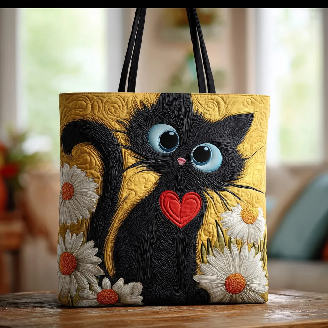 Borsa artigianale - Gatto nero con cuore e margherite