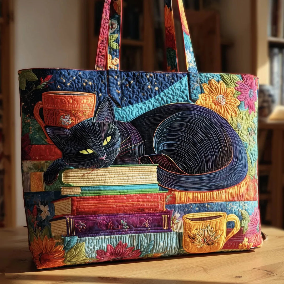 Borsa artigianale - Gatto nero con libri e tazze