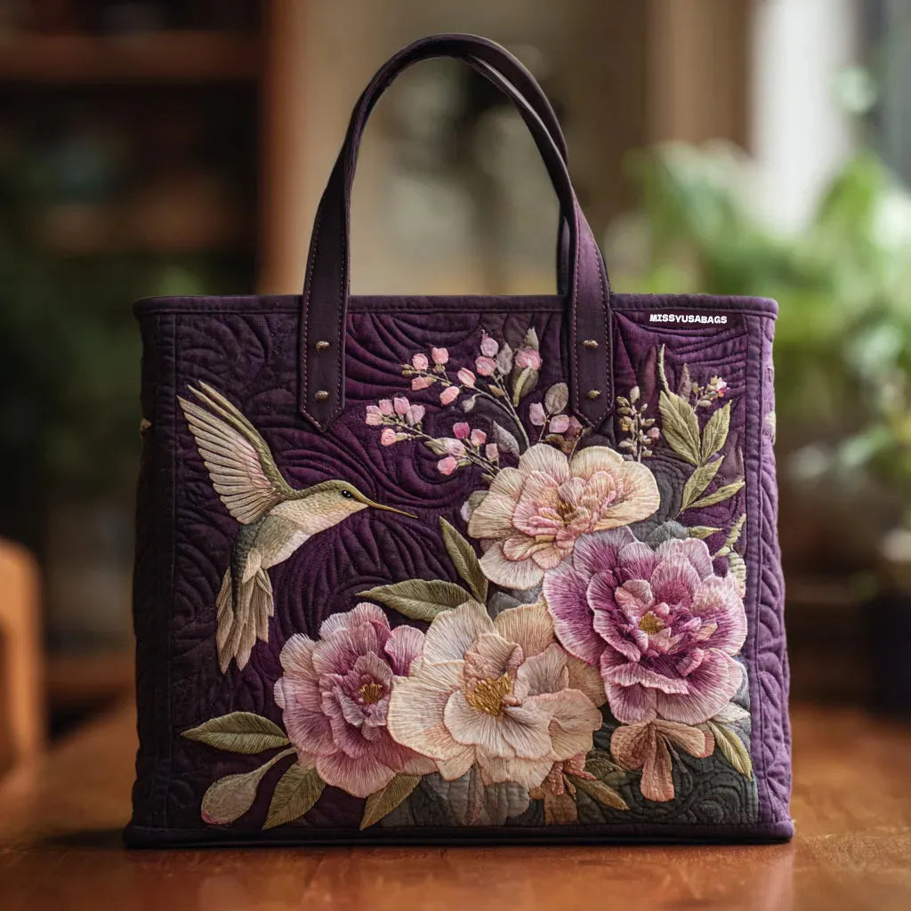 Borsa artigianale - Viola con colibrì e orchidee
