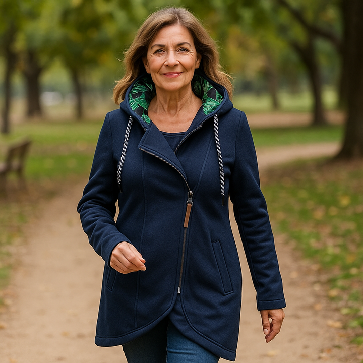 Lucia | Giacca Lunga con Cappuccio e Zip Asimmetrica