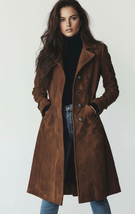Silvia | Cappotto Lungo Effetto Scamosciato con Bottoni