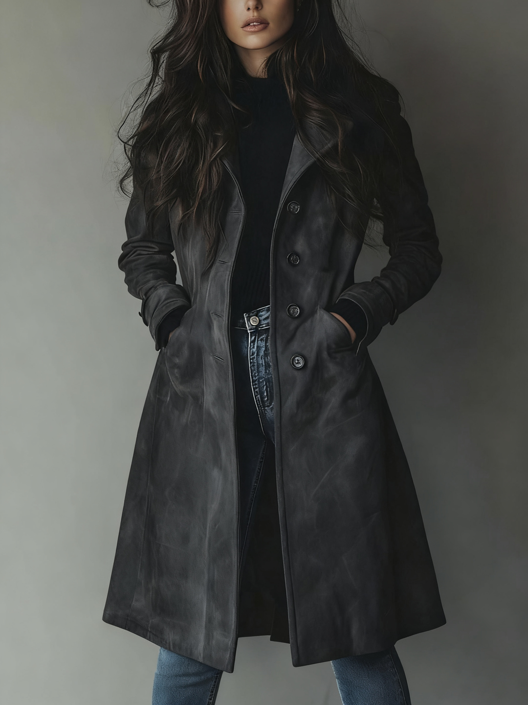 Silvia | Cappotto Lungo Effetto Scamosciato con Bottoni
