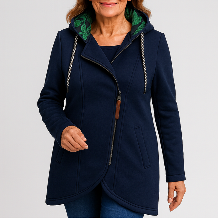 Lucia | Giacca Lunga con Cappuccio e Zip Asimmetrica