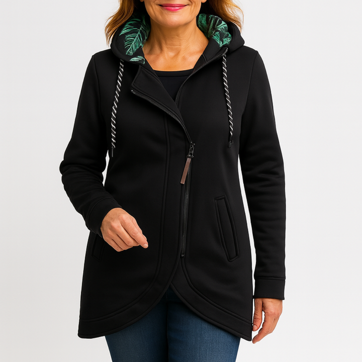Lucia | Giacca Lunga con Cappuccio e Zip Asimmetrica