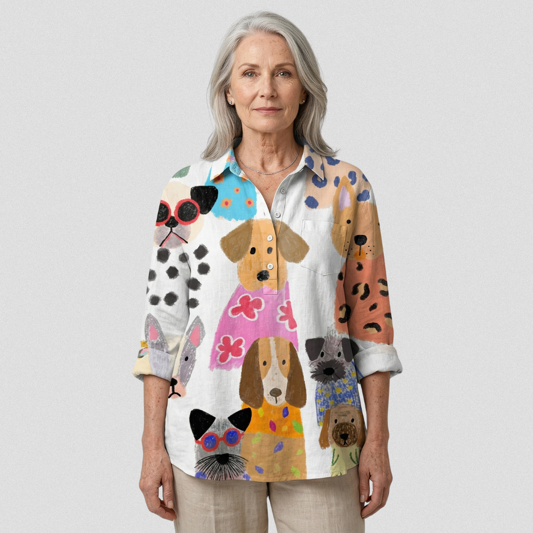 Irene | Camicia casual con stampa di cane a cartoni animati colorati