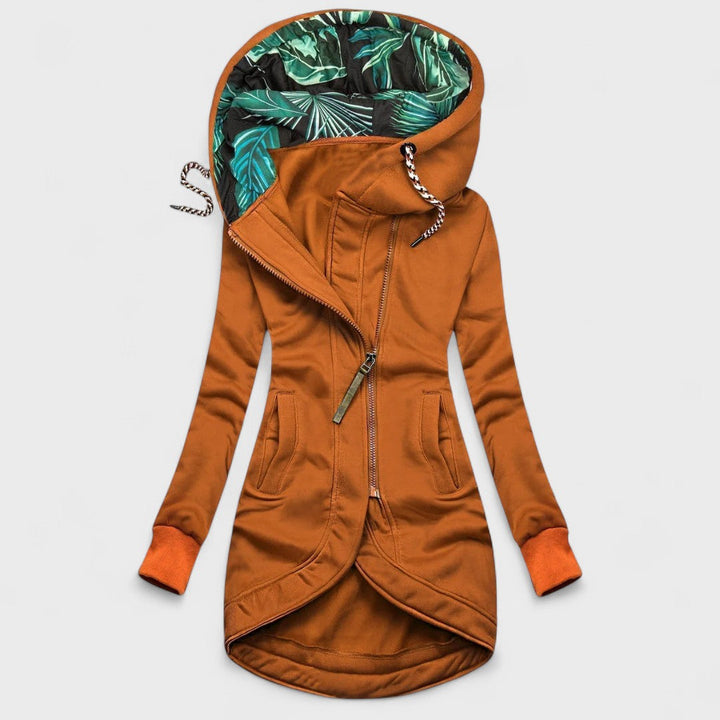 Lucia | Giacca Lunga con Cappuccio e Zip Asimmetrica